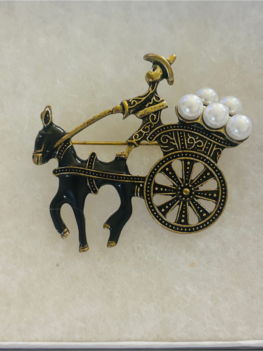 Vintage-Style Black and Gold Cart Brooch with Pearl Accents
